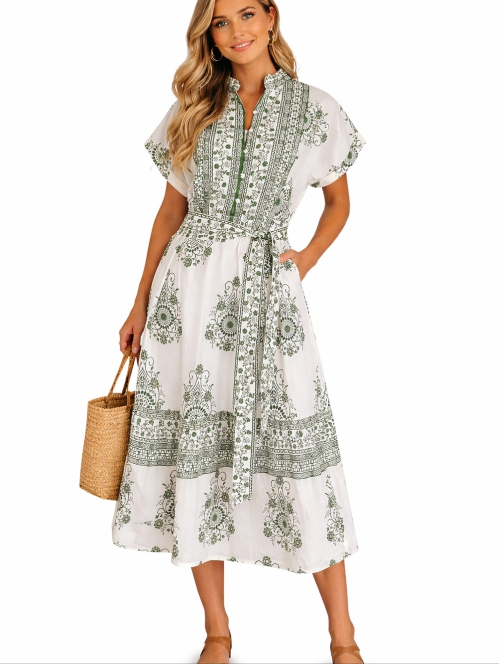 Kaktus Cotton Sundress Floral Long Midi Length NWOT Short Sleeve SZ: L